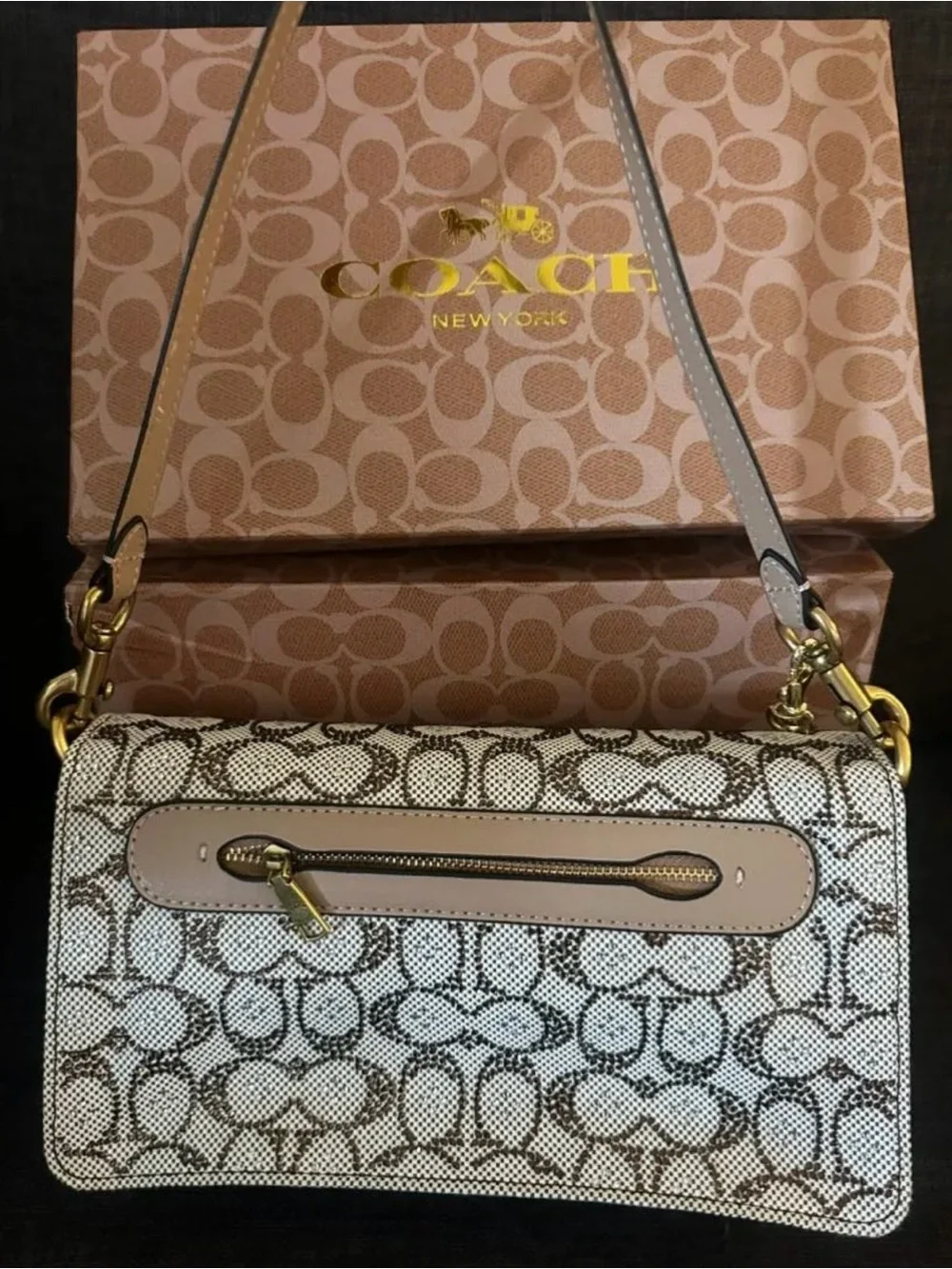 Coach Beige & Brown Signature Canvas Shoulder Bag with Cherry Charm
